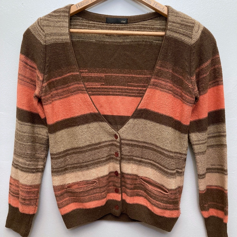 Deep V Neck Cardigan in Coral Pink and Tan Brown- Le Shop